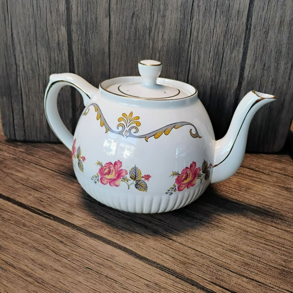 Vintage Wood & Sons Ellgreave England Teapot, Mid Century Floral Rose Ironstone